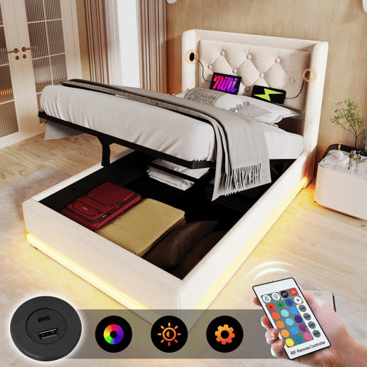 Cama contentora estofada de 90 x 200 cm em tecido de algodão - com função de carga e LED ao pé da cama - Bege