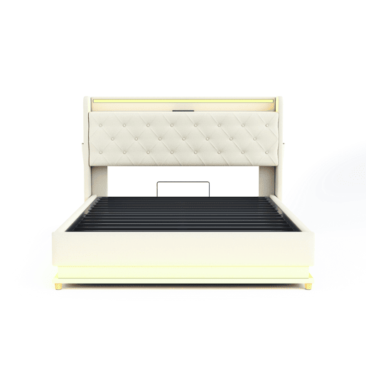 Cama confortável estofada com LED 140x200 cm - Com porta de carregamento USB - Tecido de linho - Bege