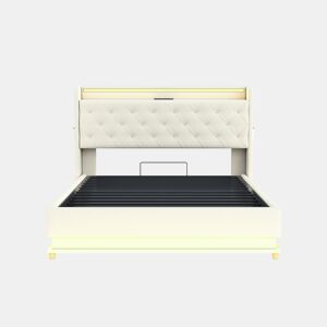 Cama confortável estofada com LED 140x200 cm - Com porta de carregamento USB - Tecido de linho - Bege