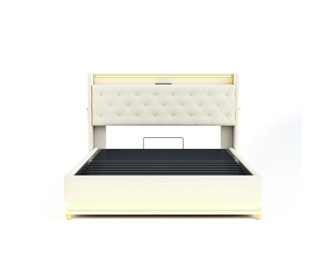 Cómoda cama tapizada con led 140x200 cm - con puerto de carga usb - tela de lino - beige