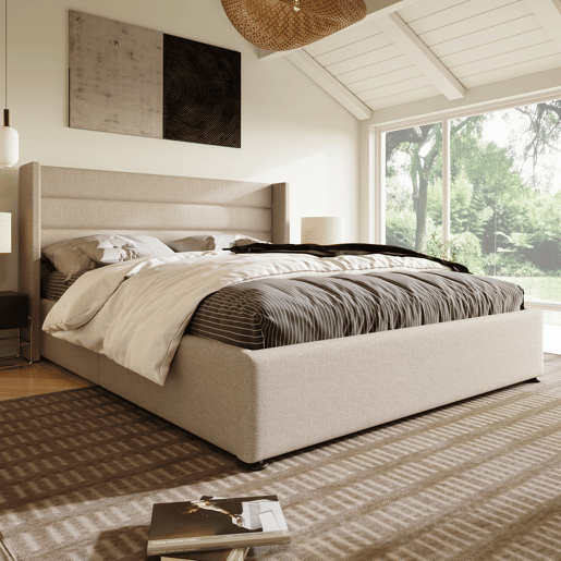 Cama de arrumação em linho 160x200 cm com estrado de ripas - Bege