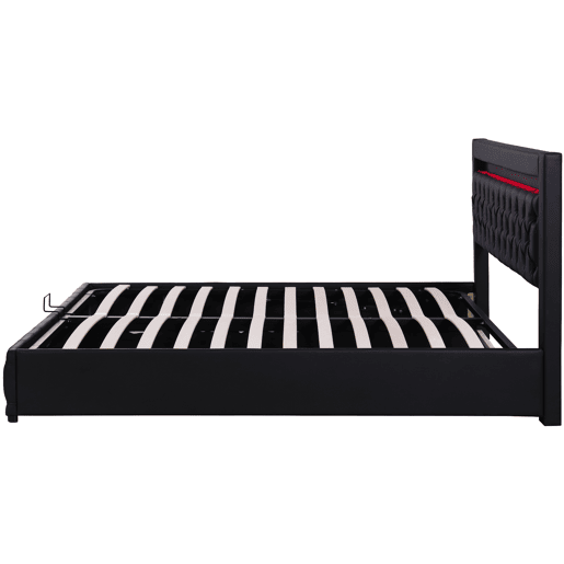 Cama de contentor estofada em pele sintética com LED - 160x200 cm - com estrado de molas - Preto