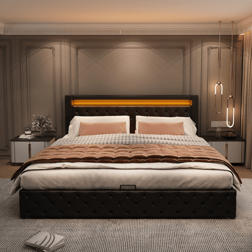 Cama de contentor estofada em pele sintética com LED - 160x200 cm - com estrado de molas - Preto