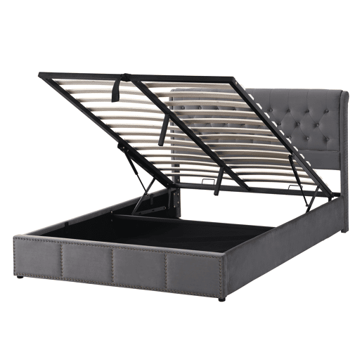 Cama para contentores estofada em veludo - decorada com rebites - com estrado de ripas - 160x200cm - Cinzento