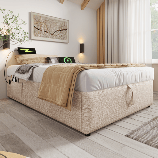 Cómoda estofada 90×200 cm - tecido de linho - com tomadas de carregamento e almofada de ripas - Bege