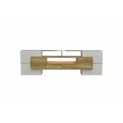 Suporte de TV elegante, iluminação LED branca brilhante, mobiliário de sala de estar, superfície de vidro de design moderno