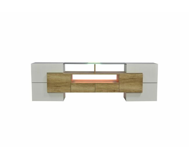 Elegante mueble de tv blanco brillo iluminación led, mueble de salón diseño moderno superficie de cristal