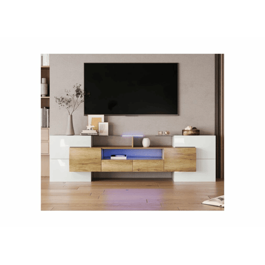 Suporte de TV elegante, iluminação LED branca brilhante, mobiliário de sala de estar, superfície de vidro de design moderno