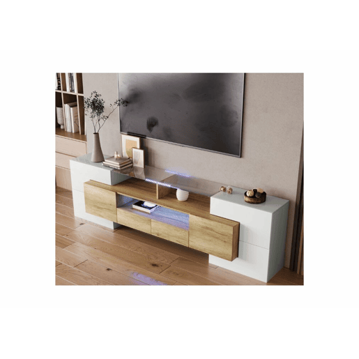 Suporte de TV elegante, iluminação LED branca brilhante, mobiliário de sala de estar, superfície de vidro de design moderno