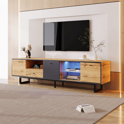 Armário TV com LED 190 cm - 6 ecrãs e 1 gaveta - Natural