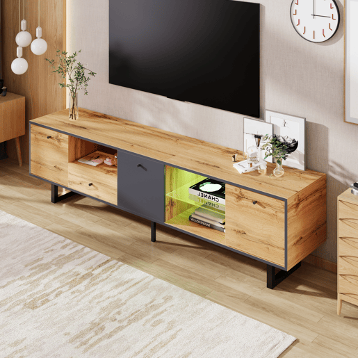 Armário TV com LED 190 cm - 6 ecrãs e 1 gaveta - Natural