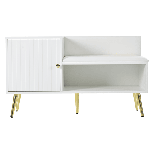 Sapateira - com banco e 2 compartimentos - com pegas e pés metálicos - estilo moderno - Branco Sapateira - com banco e 2 compartimentos - com pegas e pés metálicos - estilo moderno - Branco