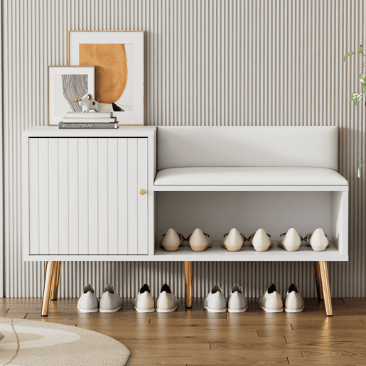 Sapateira - com banco e 2 compartimentos - com pegas e pés metálicos - estilo moderno - Branco Sapateira - com banco e 2 compartimentos - com pegas e pés metálicos - estilo moderno - Branco