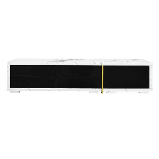 Suporte de TV ajustável em comprimento (140-260 cm) - 3 portas com dobradiças - aspeto de mármore branco - Preto e branco