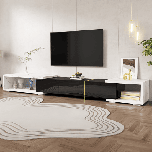 Suporte de TV ajustável em comprimento (140-260 cm) - 3 portas com dobradiças - aspeto de mármore branco - Preto e branco