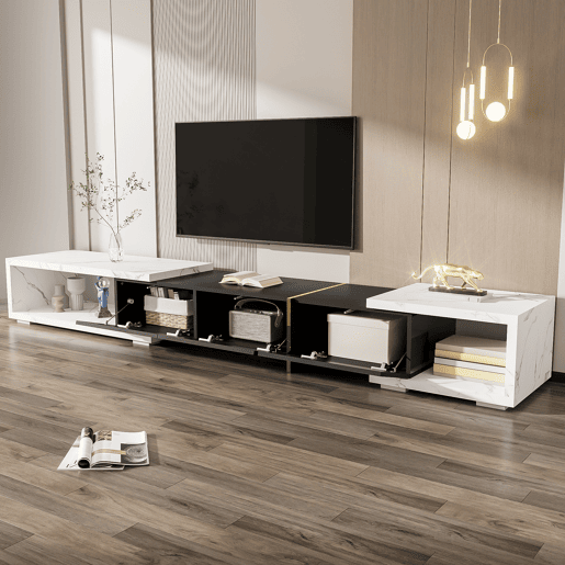 Suporte de TV ajustável em comprimento (140-260 cm) - 3 portas com dobradiças - aspeto de mármore branco - Preto e branco