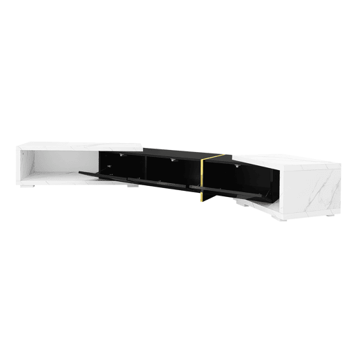 Suporte de TV ajustável em comprimento (140-260 cm) - 3 portas com dobradiças - aspeto de mármore branco - Preto e branco