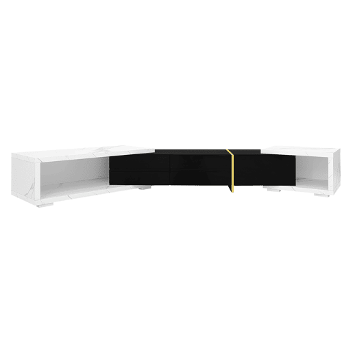 Suporte de TV ajustável em comprimento (140-260 cm) - 3 portas com dobradiças - aspeto de mármore branco - Preto e branco
