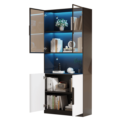 Vitrina 80x30x200 cm com LED - 4 portas (2 portas de vidro) - Preto e branco Vitrina 80x30x200 cm com LED - 4 portas (2 portas de vidro) - Preto e branco