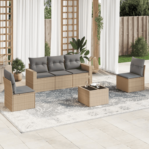 vidaXL 6 pcs conjunto de sofás p jardim com almofadões vime PE bege