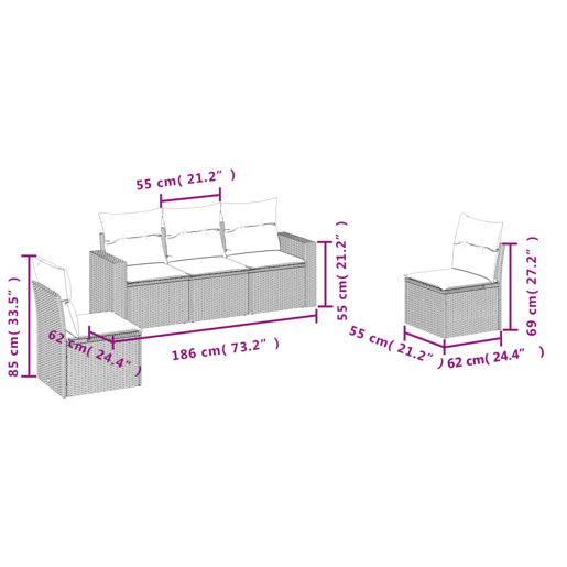 vidaXL 5 pcs conj. sofás jardim c almofadões vime PE cinzento-claro