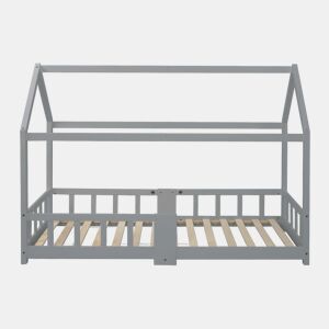 Cama de criança em madeira de pinho cinzento, formato de casa, com estrado de ripas e quadro preto 90 x 200 cm (sem colchão) DRAKRIE