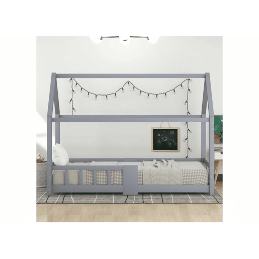 Cama de criança em madeira de pinho cinzento, formato de casa, com estrado de ripas e quadro preto 90 x 200 cm (sem colchão) DRAKRIE