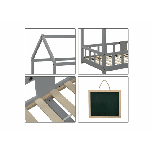 Cama de criança em madeira de pinho cinzento, formato de casa, com estrado de ripas e quadro preto 90 x 200 cm (sem colchão) DRAKRIE