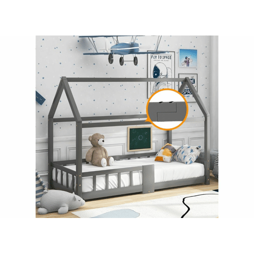 Cama de criança em madeira de pinho cinzento, formato de casa, com estrado de ripas e quadro preto 90 x 200 cm (sem colchão) DRAKRIE
