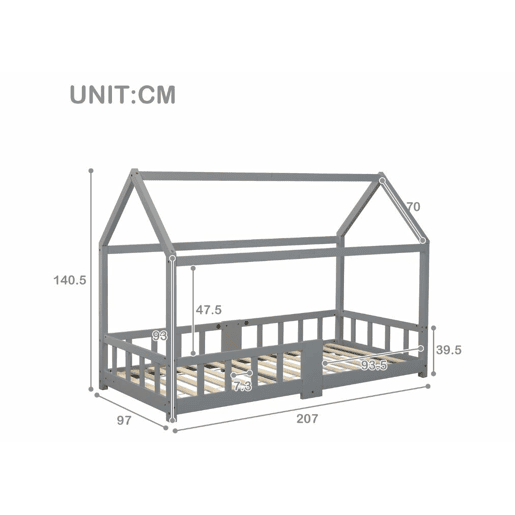 Cama de criança em madeira de pinho cinzento, formato de casa, com estrado de ripas e quadro preto 90 x 200 cm (sem colchão) DRAKRIE