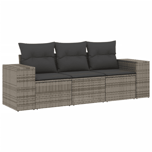 vidaXL 3 pcs conjunto sofás de jardim c almofadões vime PE cinzento vidaXL 3 pcs conjunto sofás de jardim c almofadões vime PE cinzento