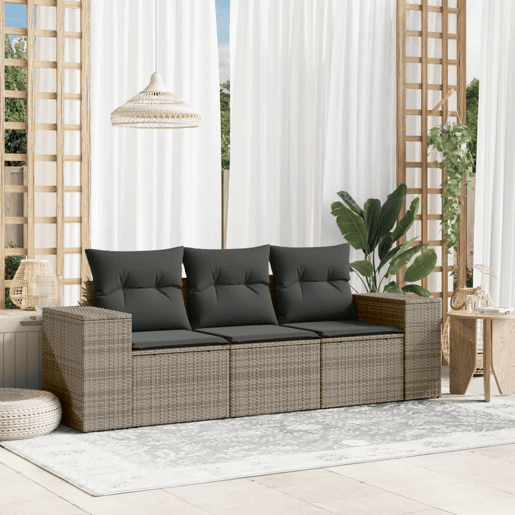 vidaXL 3 pcs conjunto sofás de jardim c almofadões vime PE cinzento vidaXL 3 pcs conjunto sofás de jardim c almofadões vime PE cinzento