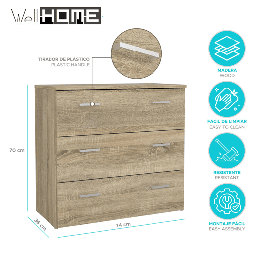 Cômoda Duero WellHome com 3 gavetas Cômoda Duero WellHome com 3 gavetas