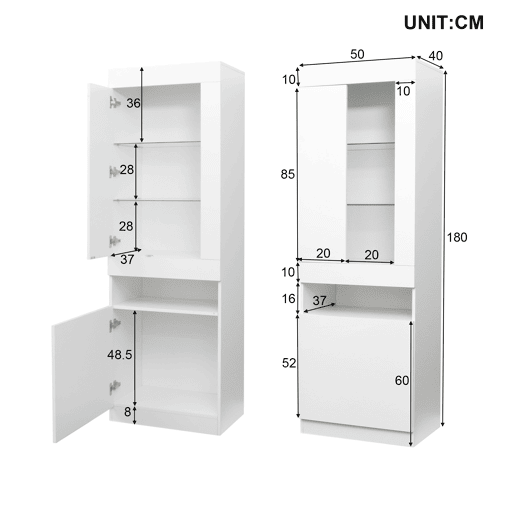 Armário expositor com porta e LED - Altura 180cm - Branco