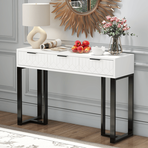 Mesa de consola moderna, com 2 gavetas, pés reguláveis, branco e preto