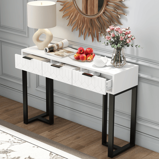 Mesa de consola moderna, com 2 gavetas, pés reguláveis, branco e preto