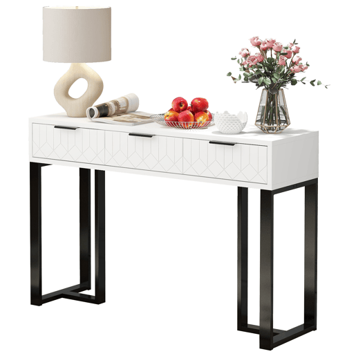 Mesa de consola moderna, com 2 gavetas, pés reguláveis, branco e preto