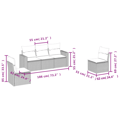vidaXL 5 pcs conjunto sofás de jardim c almofadões vime PE cinzento