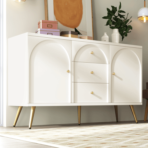 Cómoda com 3 gavetas e 2 portas - pés dourados - em aglomerado de madeira - Branco