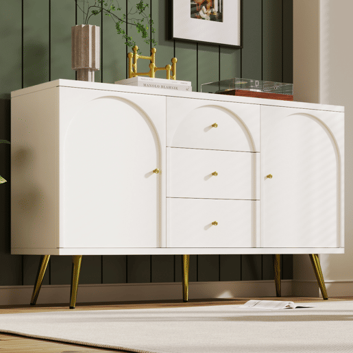 Cómoda com 3 gavetas e 2 portas - pés dourados - em aglomerado de madeira - Branco