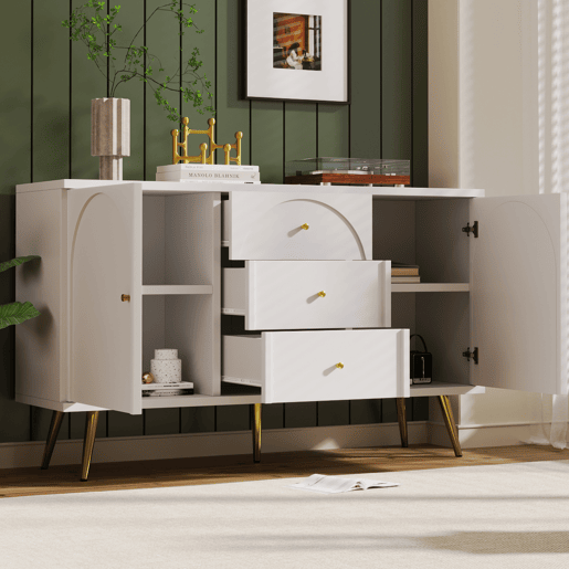 Cómoda com 3 gavetas e 2 portas - pés dourados - em aglomerado de madeira - Branco