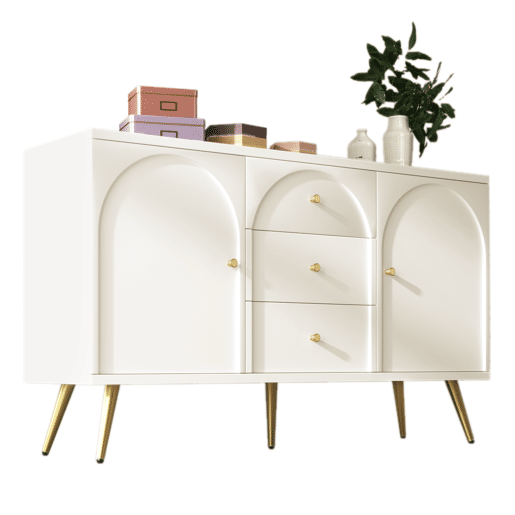 Cómoda com 3 gavetas e 2 portas - pés dourados - em aglomerado de madeira - Branco
