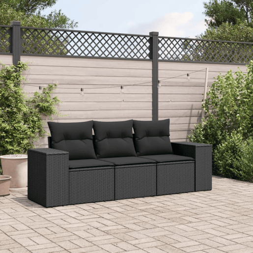 vidaXL 3 pcs conjunto sofás de jardim com almofadões vime PE preto vidaXL 3 pcs conjunto sofás de jardim com almofadões vime PE preto
