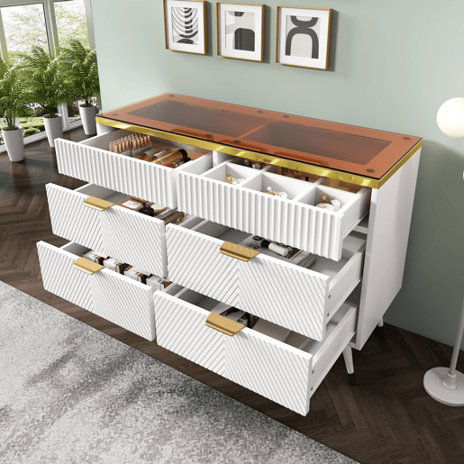 Cómoda com 6 gavetas e compartimentos divididos - tampo de vidro - Branco Cómoda com 6 gavetas e compartimentos divididos - tampo de vidro - Branco