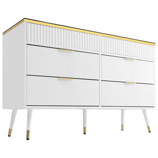Cómoda com 6 gavetas e compartimentos divididos - tampo de vidro - Branco Cómoda com 6 gavetas e compartimentos divididos - tampo de vidro - Branco