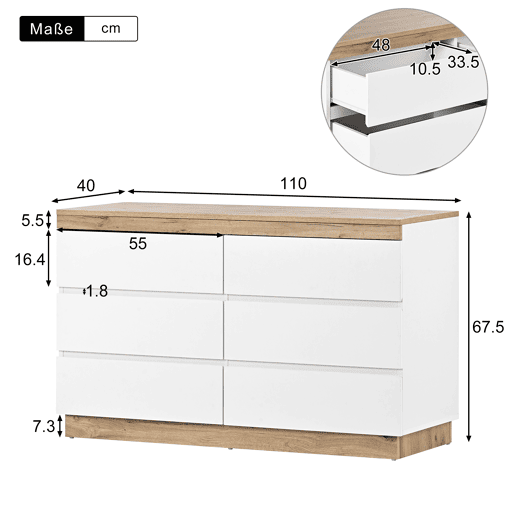 Cómoda moderna com 6 gavetas - aglomerado de partículas - Branco