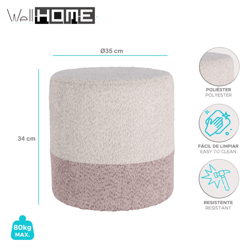 Banco Well Home 'Boucle' Ø35cm bege com rosa claro