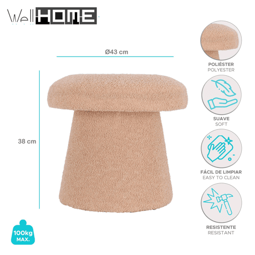 Well Home Banqueta cogumelo 'Teddy' bege Ø43x38cm