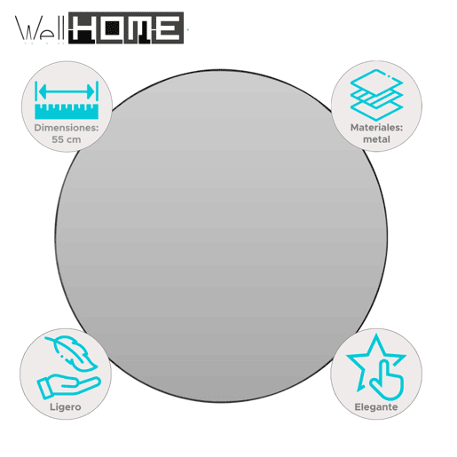 Espelho redondo Well Home Ø55cm com moldura de metal preto e 2 ganchos