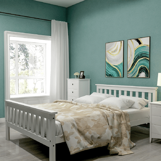 Cama para adultos 140x200 cm de madeira maciça com estrado de ripas - Branco
